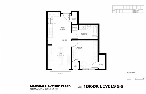 Floor plan for 1 bed, 1 bath, 548 sqft
